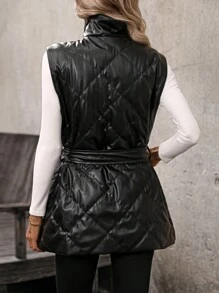 EMERY ROSE Women's Button Front Sleeveless Waist Tied Bow Ruched Fashion Winter Padded PU Jacket - Black - View 2