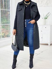 SHEIN Lady 秋冬季优雅黑色编织无袖加斜口袋开衩下摆绗缝背心外套 - 黑色 - 查看 3