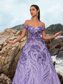 Faeriesty Off-Shoulder Sweetheart Neck Sequin Prom Dress - Purple - View 6