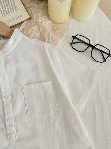 SHEIN LMoss Kids Tween Boy Stand Collar Pocket Patch Shirt