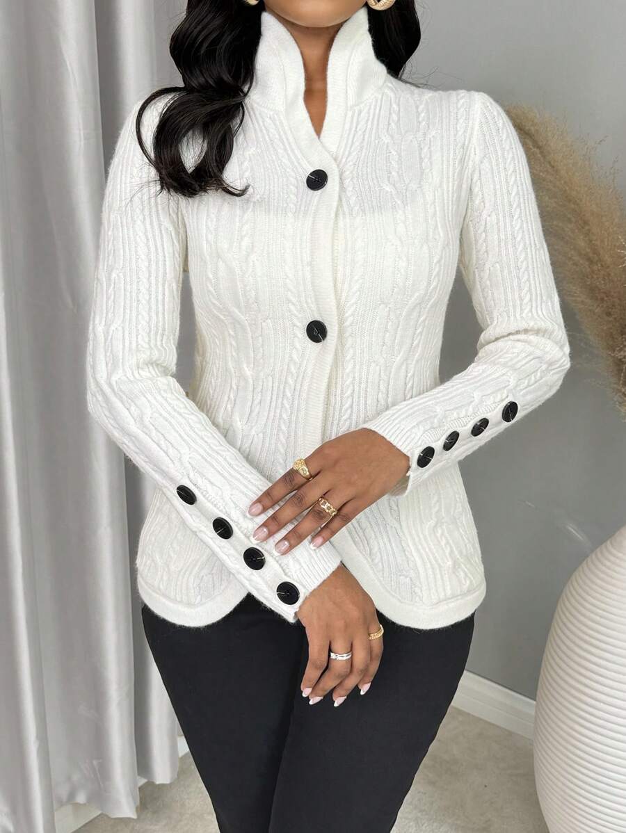 BamGleam Áo len cardigan nữ Áo len cardigan tay dài sọc bột chiên xoắn túi trắng cài nút rộng rãi cho bạn bè dự tiệc bốn mùa thu đông quần áo nữ, áo dài tay - trắng - Xem 1