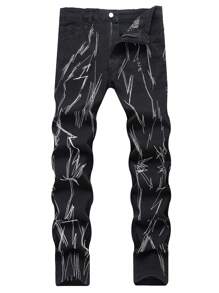 Chillumni Pantalones largos informales de mezclilla con botones estampados, moda callejera para hombres - Negro - Ver 1