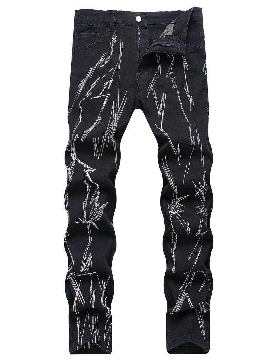 Chillumni Pantalones largos informales de mezclilla con botones estampados, moda callejera para hombres - Negro - Ver 1