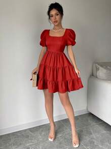RosyDaze Vestido nuevo 2025 de verano con cuello halter, mangas abullonadas, espalda descubierta, lazo y dobladillo con volantes en color rojo, para uso en conciertos, playa, vacaciones y ocio