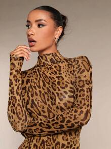 SHEIN BAE Women's Fall Women Clothes Leopard Print Stand Collar Long Sleeve Slim Bodysuit,Animal Print Top,Leopard Costume - Brown - View 4