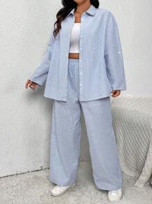 SHEIN Frenchy Plus Size Plaid Shirt And Extended Pants Set, Back To School Season - Blue and White - View 5