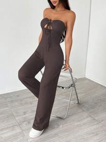 Flirla Women's Backless Lace-Up Hollow Open-Back Textured Y2K Sexy Strapless Jumpsuit - Coffee Brown - View 3