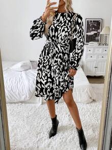 SHEIN LUNE Women Casual Commuter Elegant Ruffle Collar Long Sleeve Ruffle Cuff Leopard Print Polka Dots Mid-Length Dress - Black - View 3