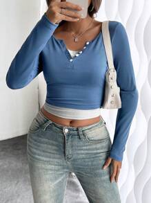 Chiquease Elegant V-Neck Long Sleeve Casual T-Shirt, Blue 2 In 1 Design, Ribbed Splice Slim Fit Pullover Tops For Women, Spring And Autumn Fall Cloth For Women - Blue - View 8