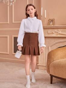 SHEIN Tween Girls Korean Style School Uniform Asymmetrical Ruched Cuff Shirt And Pleated Sweet Mini Skirt Set - Multicolor - View 5