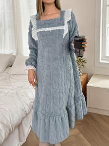 Camicia da notte in pile con bordo in pizzo e fiocco decorativo per le donne - blu polveroso - Visualizzare 4