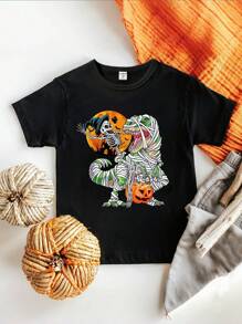 Camiseta básica casual con estampado de esqueleto, calabaza y dinosaurio con temática de Halloween para niño pequeño, manga corta - Negro - Ver 3