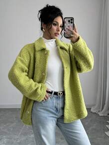Selianne Chaqueta casual de botones delanteros de unicolor con cuello de sherpa de manga larga - Verde - Ver 1