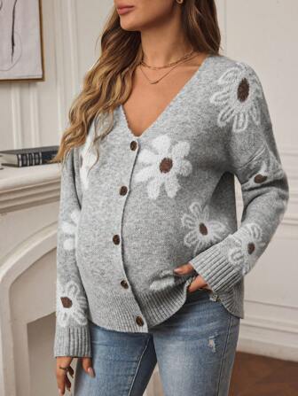 SHEIN Zwangerschapsjurk met bloemenprint, lange mouwen en een enkele rij knopen, casual vest, herfst/winter