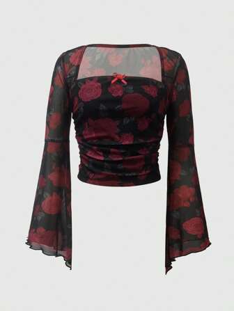 Blume Muster Gerafftes Mesh-Top für den Sommer