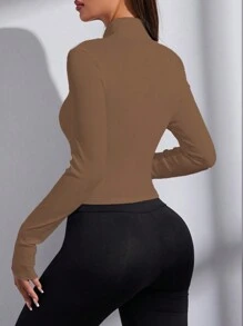 SHEIN Sports Solid Color Front Zipper Long Sleeve Casual Sports Jacket - Coffee Brown - View 2