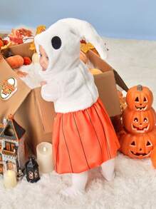 SHEIN 2pcs/Set Baby Toddler Unisex Casual Cute Ghost & Pumpkin Design Outfits Including Hat, Soft & Warm Fleece Fabric, Suitable For Fall Winter, Halloween Party - Orange - View 2