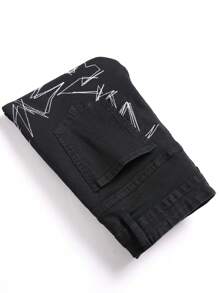 Chillumni Pantalones largos informales de mezclilla con botones estampados, moda callejera para hombres - Negro - Ver 5