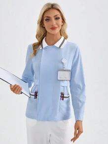 TaskEZ Striped Design Long Sleeve Fitted Healthcare Uniform Scrub Top With ID Badge Holder - Blue and White - View 1