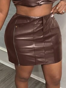 Slaydiva New Sexy Mini Metal Zipper Slit Faux Leather Stretchy Plus Size Women Skirt - Brown - View 5