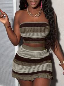 Slaydiva 2pcs/Set Women's Strapless Cropped Knit Bandeau Top + Gradient Color Ruffle Hem Mini Skirt Festival & Vacation Outfits In Fall/Winter - Coffee Brown - View 1