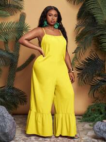 Slaydiva Bộ đồ liền thân xòe nhún bèo màu trơn cỡ lớn - D - Màu vàng - Xem 1