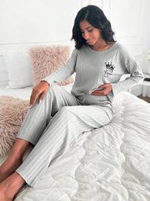 EURMUSE Bộ đồ ngủ cổ tròn in chữ và vương miện 100% cotton cho nữ và quần dài - Xám - Xem 6