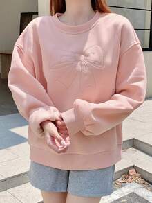 DAZY Áo nỉ dài tay cổ tròn thêu nơ cho nữ thường ngày - Hồng - Xem 8