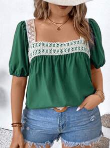 SHEIN Holidaya Áo sơ mi tay bồng cổ vuông ren tương phản cỡ lớn cho nữ, mùa hè - màu xanh lá - Xem 1