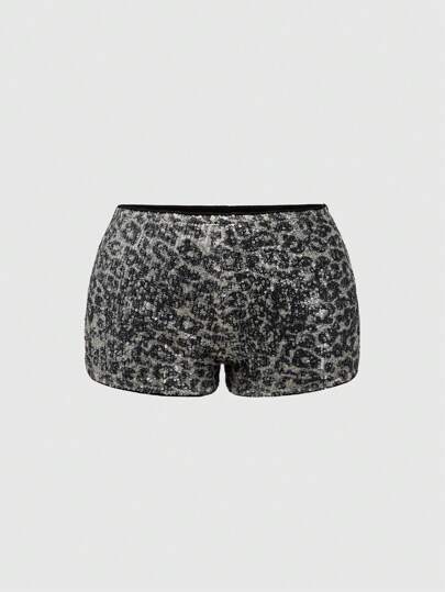 J-Fashion Vintage Low Waist Leopard Print Sequin Embellished Women Shorts