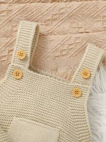 SHEIN Baby Mädchen 2er Set eleganter khakifarbener Baby Outfit, Langarm Pullover mit Kragen und Schleifendekor, kombiniert mit bequemen Latzhosen mit Taschen