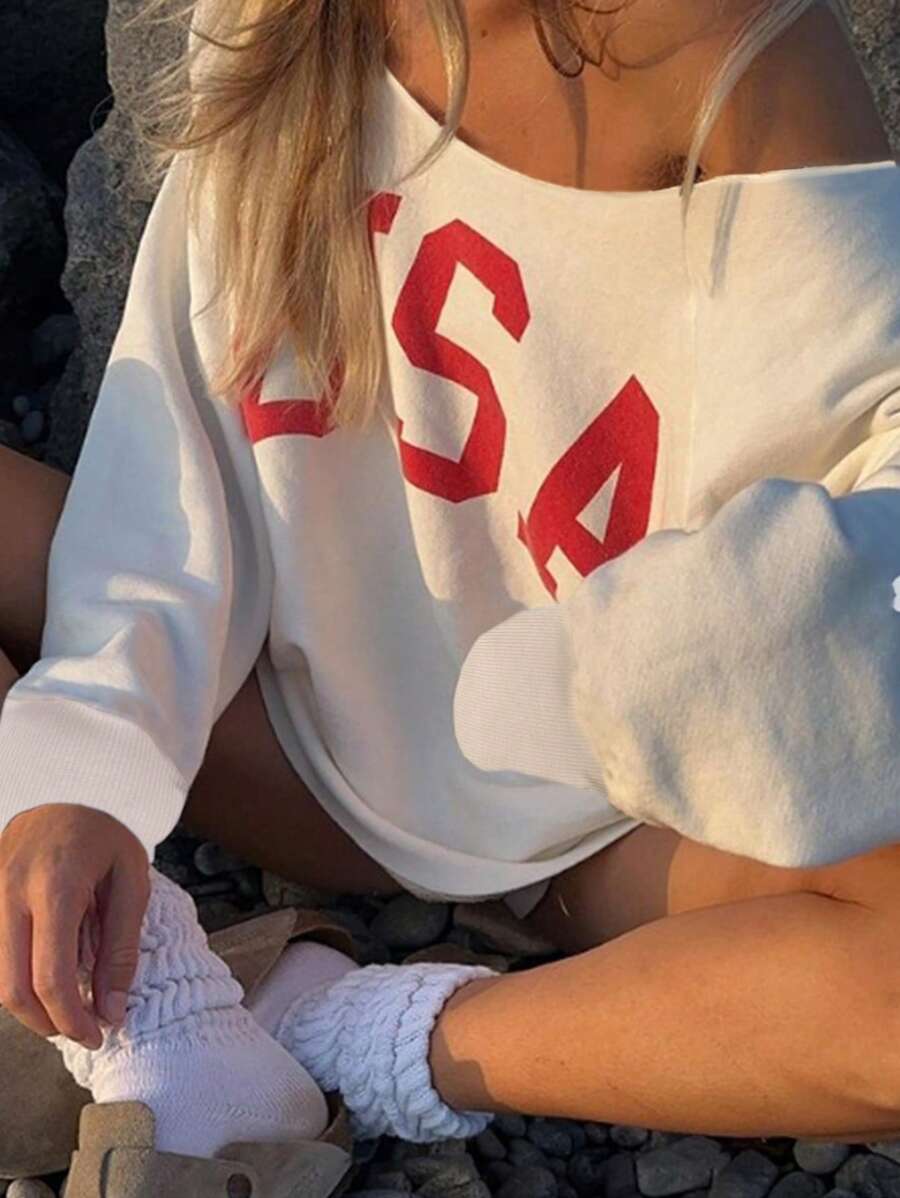 INAWLY Women's Asymmetrical Neckline Cold Shoulder Letter Print Loose Streetwear Sweatshirt Pullover Fall Sweatshirt - White - View 1