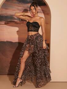 Hauture Women's Leopard Print Pleated Ruffle Layered Skirt, Casual Resort Wear