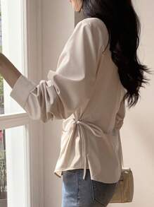 DAZY Camisa de mujer de unicolor, estilo de negocios casual con cuello de solapa, manga larga y cintura ceñida, ropa de otoño