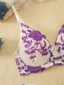 SHEIN Conjunto de 3 piezas de sujetador inalámbrico y pantis con bordado floral sexy en color morado para mujeres