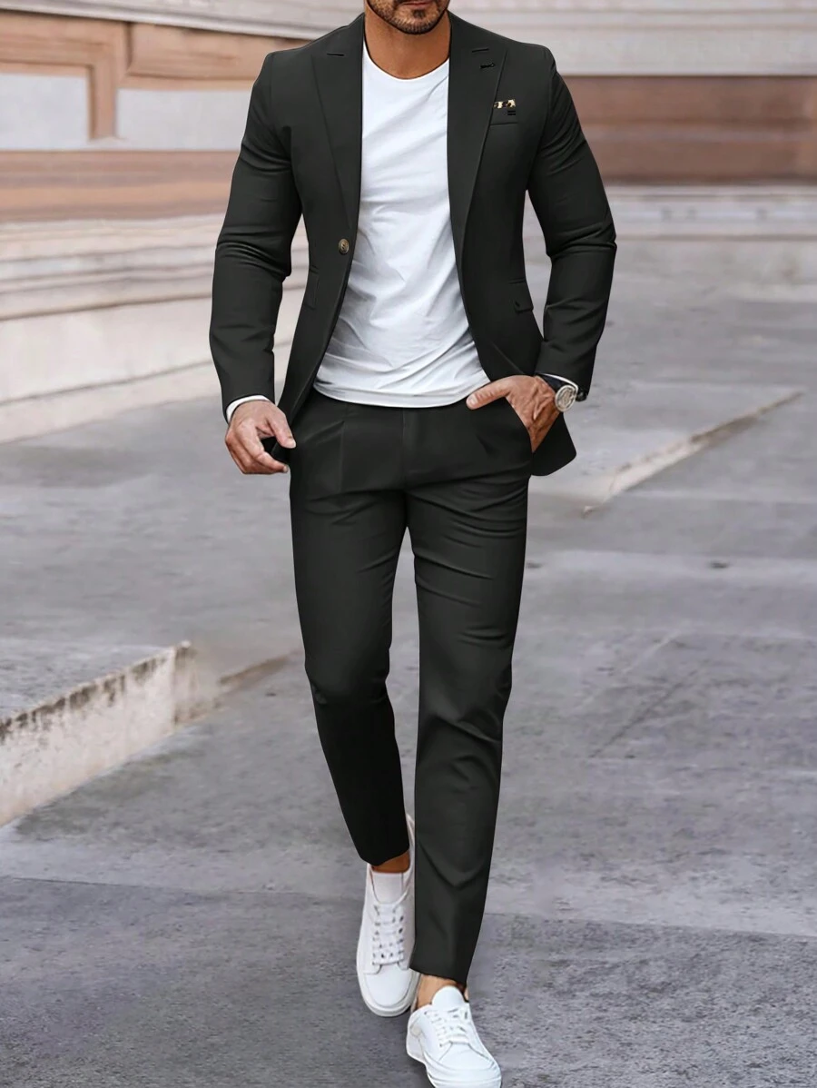 Calvornis Áo khoác blazer đen dài tay cài nút cổ bẻ cho nam và quần âu công sở ôm vừa vặn - màu đen - Xem 1