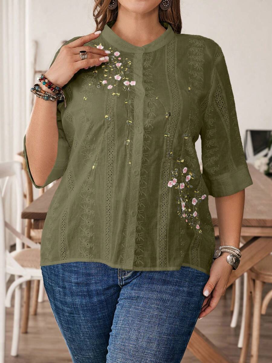 EMERY ROSE Áo sơ mi tay ngắn thêu hoa cỡ lớn cho nữ, mùa hè, rộng rãi - xanh quân đội - Xem 1