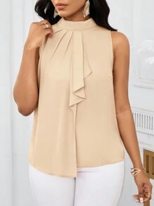 SHEIN Lady Blouse d'été à épaules dénudées et col volant rose pour femmes, Top sans manches - Nude - Voir 3
