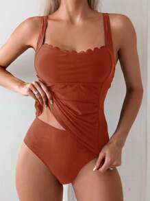 SHEIN Swim 女士细肩带露背扇贝边短款上衣和贴身下装比基尼套装夏季 - 鏽棕色 - 查看 1