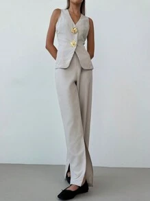 Aloruh 2 piezas Conjunto de ropa informal/invernal de oficina para mujer - Top sin mangas y pantalones