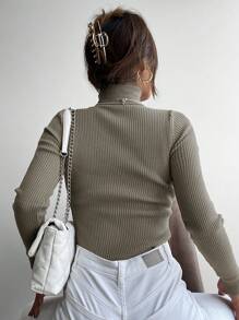 Cloudara Solid Rib Knit High Neck Jumper - Khaki - View 2