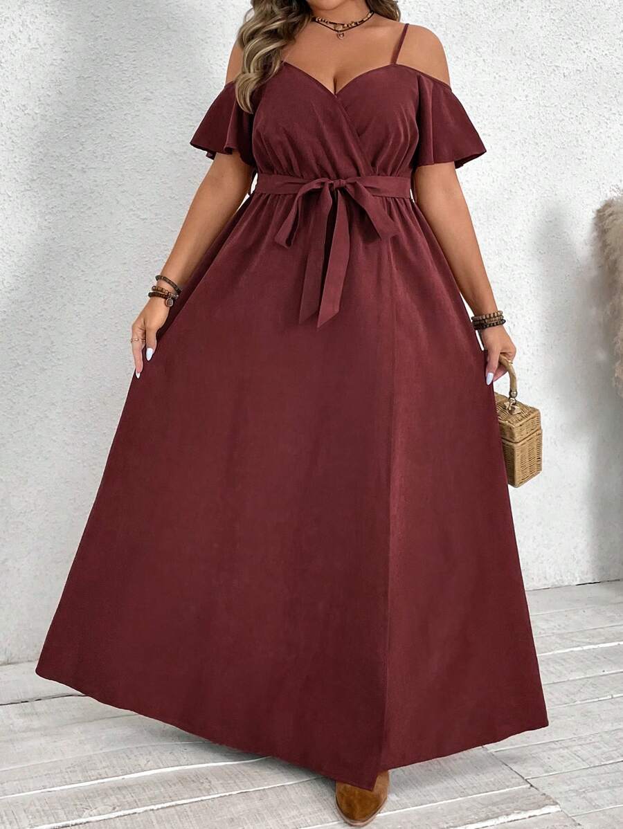 SHEIN VCAY Plus Size Women Solid Color Open Shoulder Dress With Belted