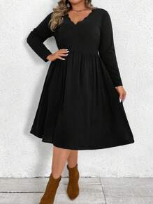 SHEIN VCAY Plus Size Vacation V-Neck Ruffled Long Sleeve Dress,Graduation Dress - Black - View 1
