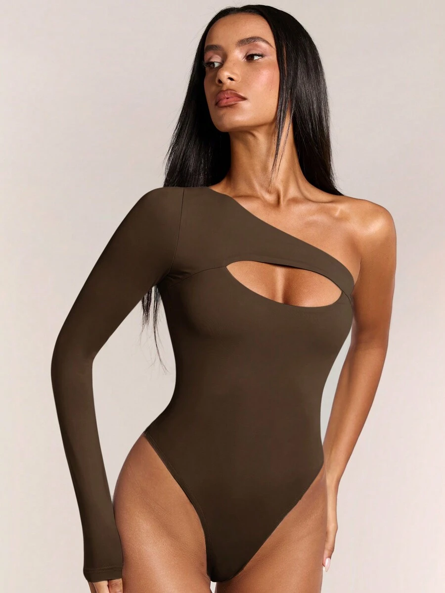 SHEIN BAE Women Off-Shoulder Bodysuits, Asymmetric One-Piece Swimsuits, Summer Clothing - Coffee Brown - View 1