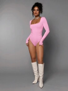 Silquee 女士纯色方领长袖休闲 T 恤紧身衣，春夏