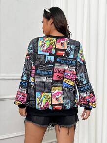 CovetEZ Plus Size Women's Colorful Random Print Crew Neck Long Sleeve Sweatshirt Graduation,Back To School Outfits,Graduation,Teacher Outfits For Women,Back To School In Fall/Winter - Black - View 2