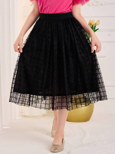 SHEIN Saia midi elegante com cintura alta e xadrez em malha com forro, perfeita para férias - pré-adolescente
