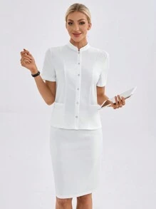 TaskEZ Camisa de trabajo de manga corta de unicolor con bolsillo para mujeres