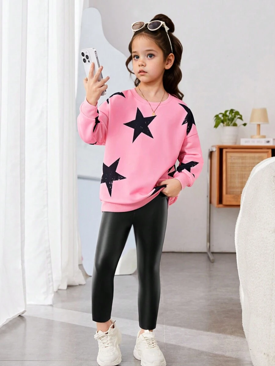 Tween Girl Loose Casual Sports Cute Knit Crew Neck Sweatshirt And Base Layer Pants Set