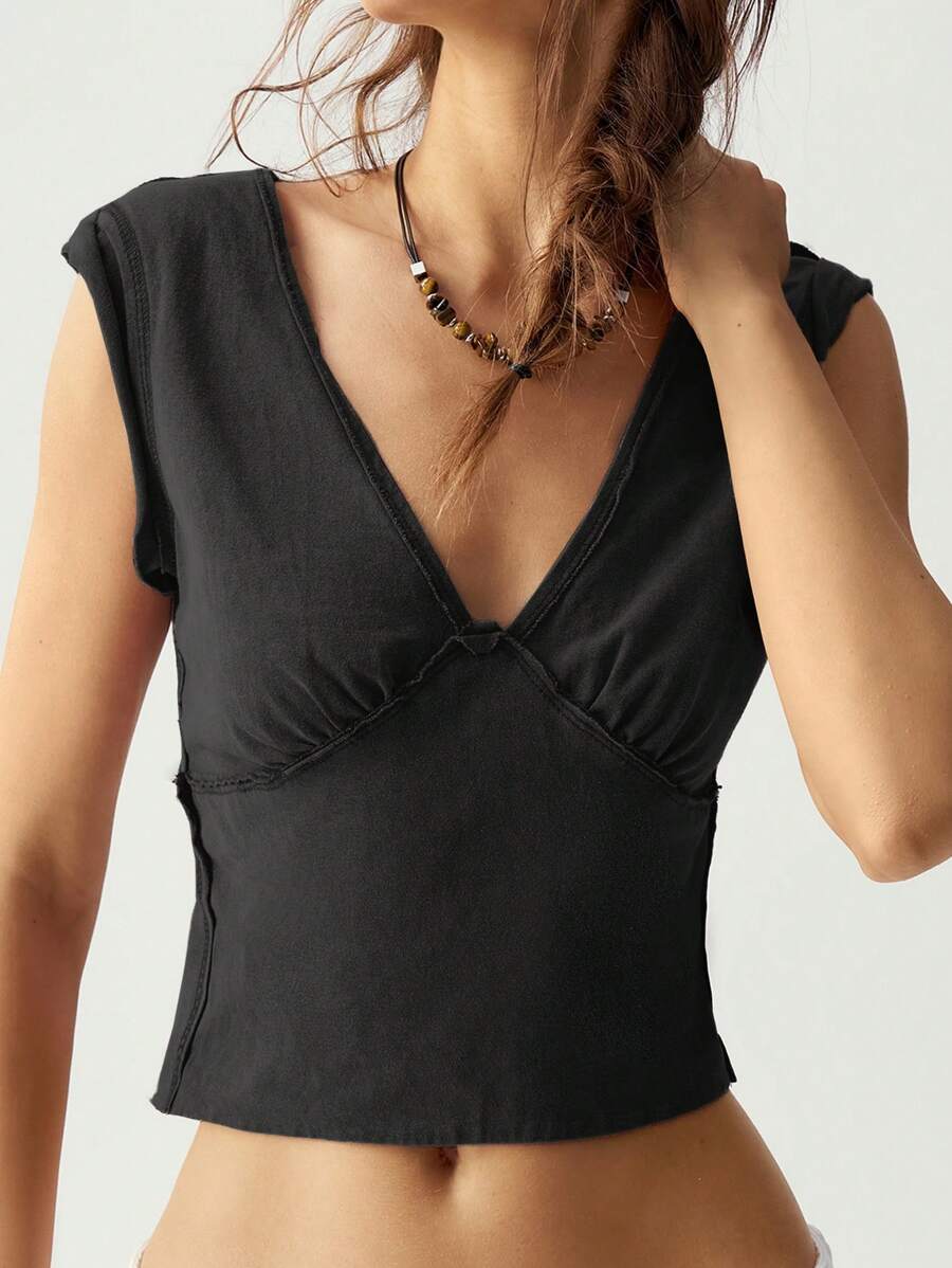 Bohemela 女士棉质 V 领无袖“度假” T 恤，黑色短款上衣 - 黑色 - 查看 1